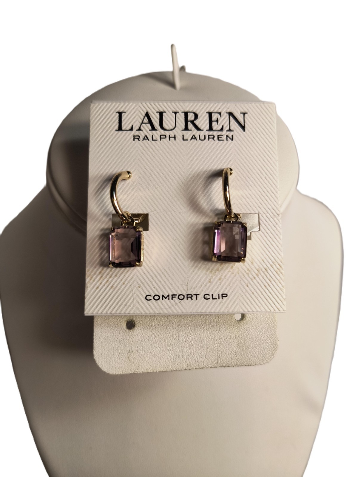 LAUREN Ralph Lauren Earrings Comfort Clip Goldtone Emerald Cut Light Purple Cabs