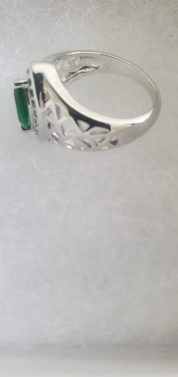 White Gold Filled Over Copper Band Ring Size 7 with Green Marquise Center Stone