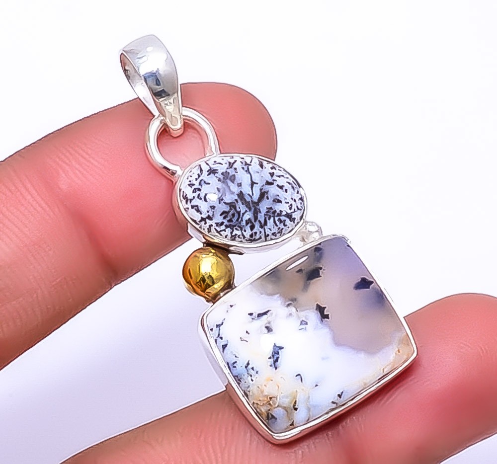Dendritic Opal 925 Sterling Silver Two Tone Gold Plated Pendant 1.76″ A316