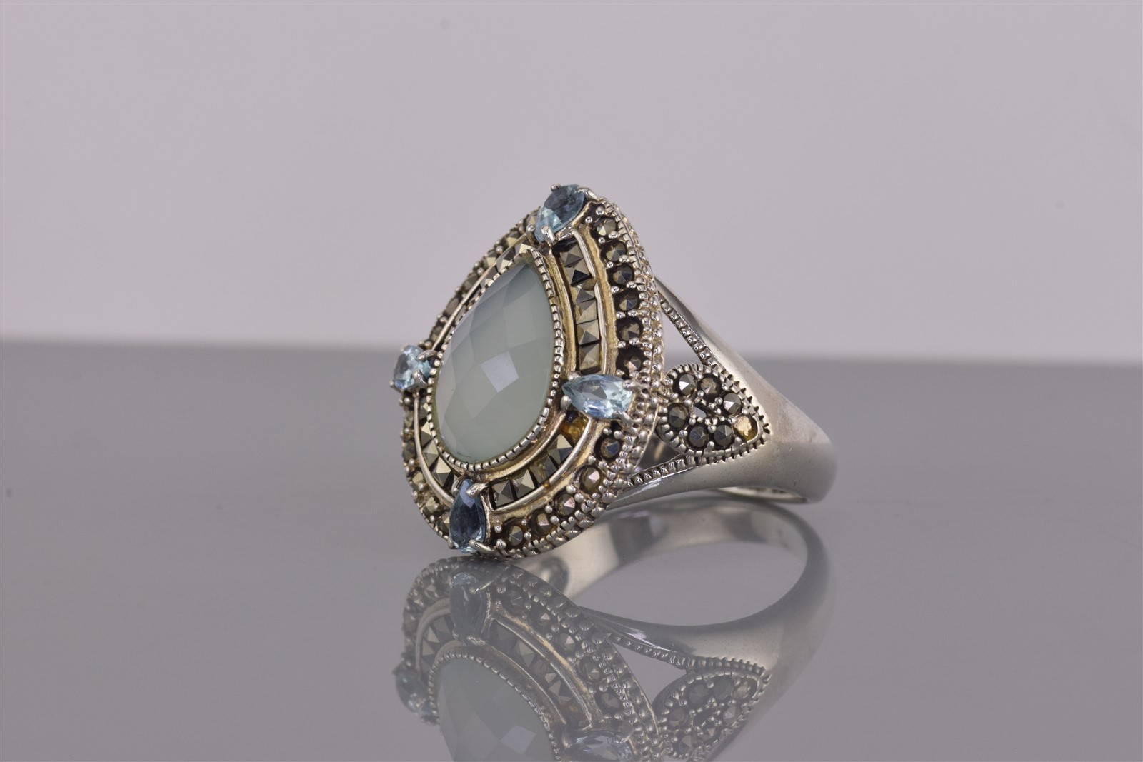 Sterling Silver 26mm Faceted Moonstone Topaz Marcasite Band Ring 12g 925 Sz: 12