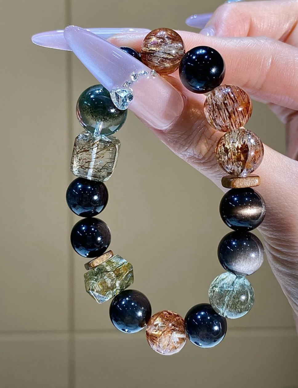 Natural Green Phantom Black Gold Super Seven Beaded Stretch Bracelet Gift