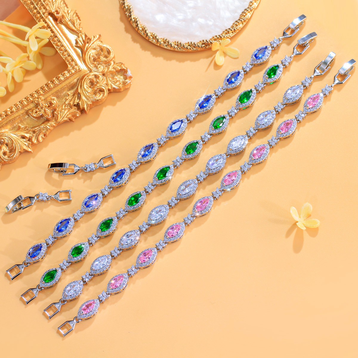 Silver Plated Green Marquise Cubic Zirconia Flower Link Chain Bracelet for Women