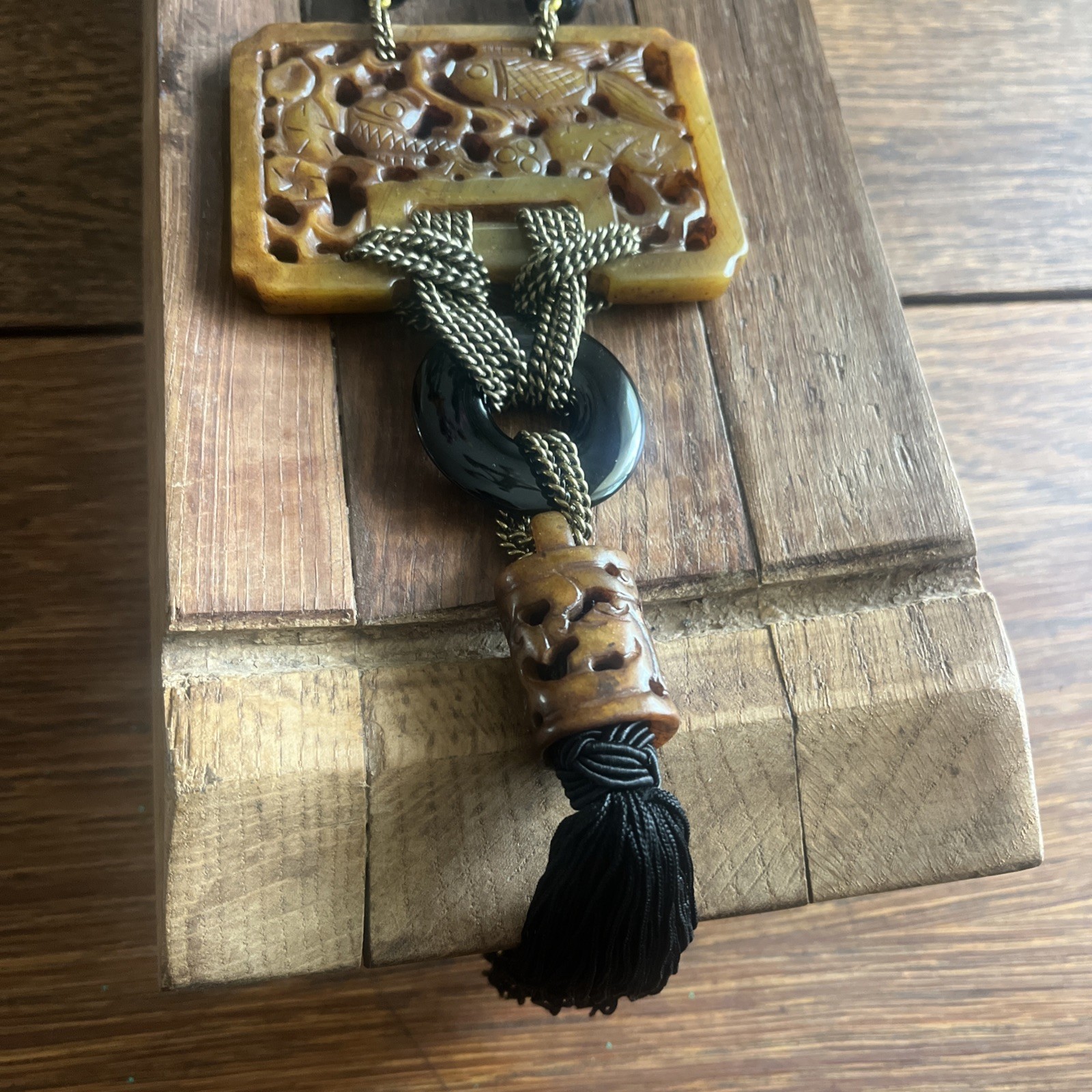 Heidi Daus Asian Design Chinoiserie Necklace Onyx Beads Carved Pendant Tassel