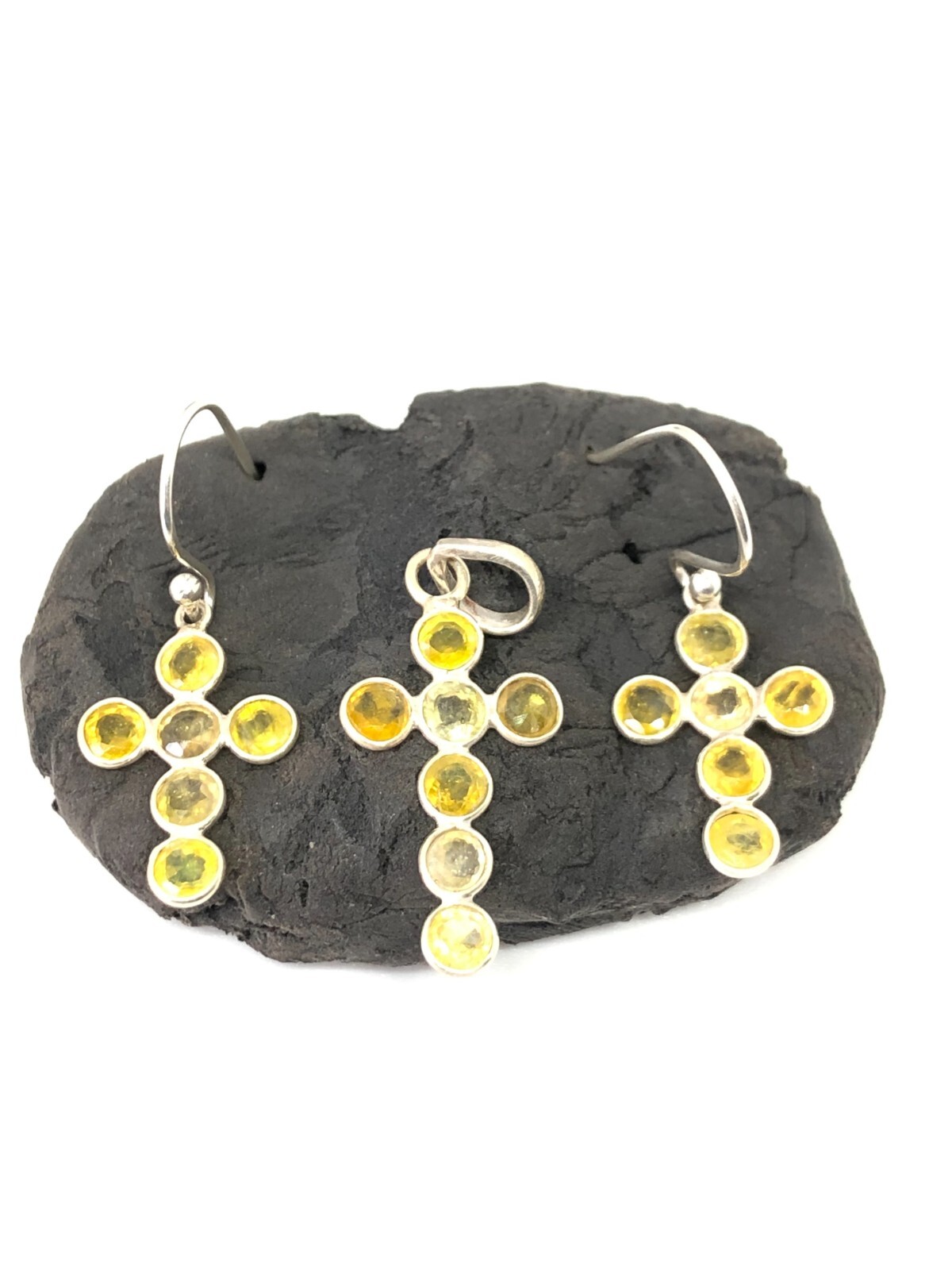 Yellow Sapphire Plain Cross Pendant Earring Silver Set,Best Christian Gifts 1015