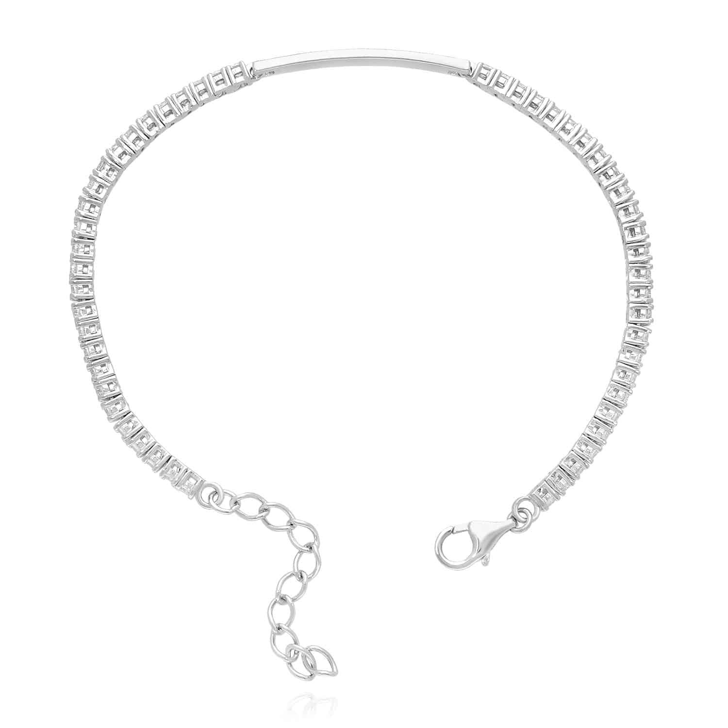 Solid 14K White Gold Over Silver ID Bar CZ Tennis Bracelet 6″-8″ Adjustable