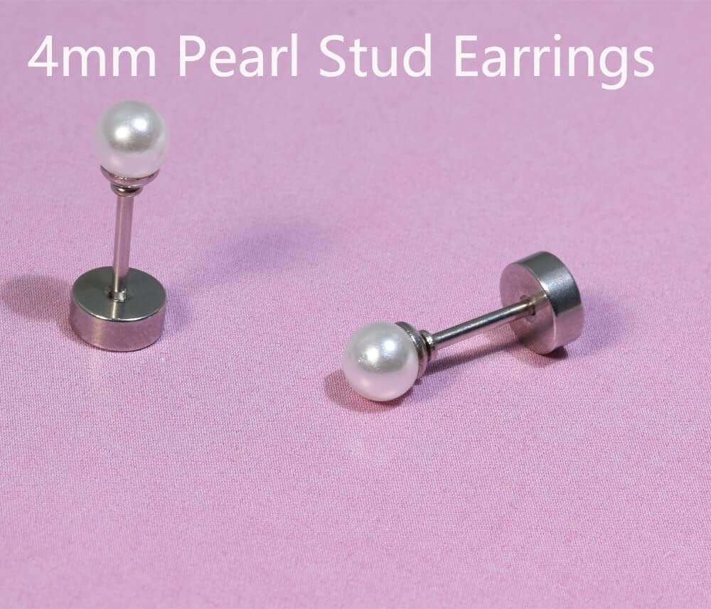 Pearl Stud Earrings Screw Back,Flat Back Pearl Cartilage Helix Earrings 316L Sur