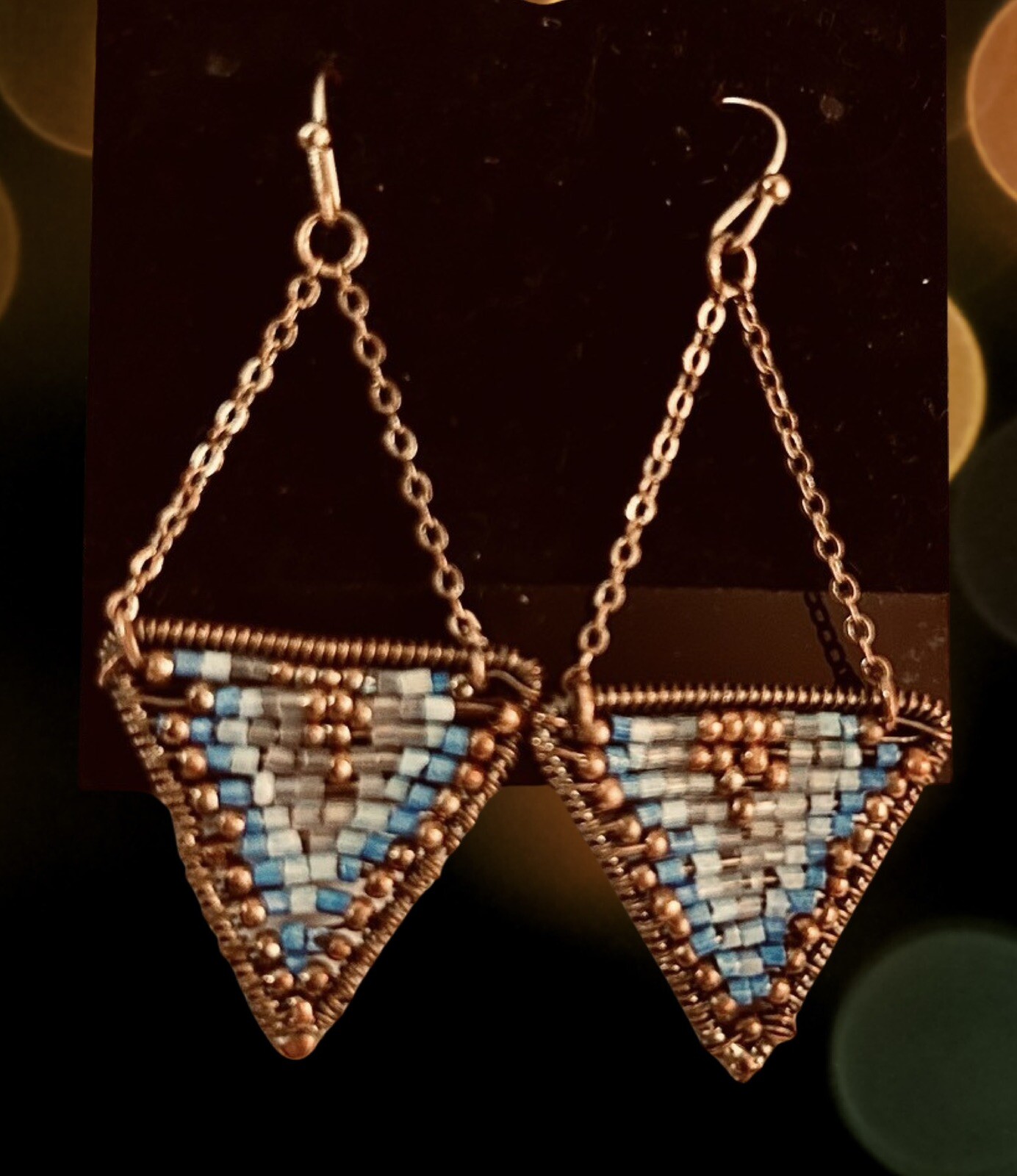 Delta Shape Chandelier Earrings Hd Beaded Bugle & Copper Beads New Other In Box