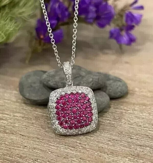 2Ct Round Cut Simulated Red Ruby Women’s Cluster Pendant 14K White Gold Plated