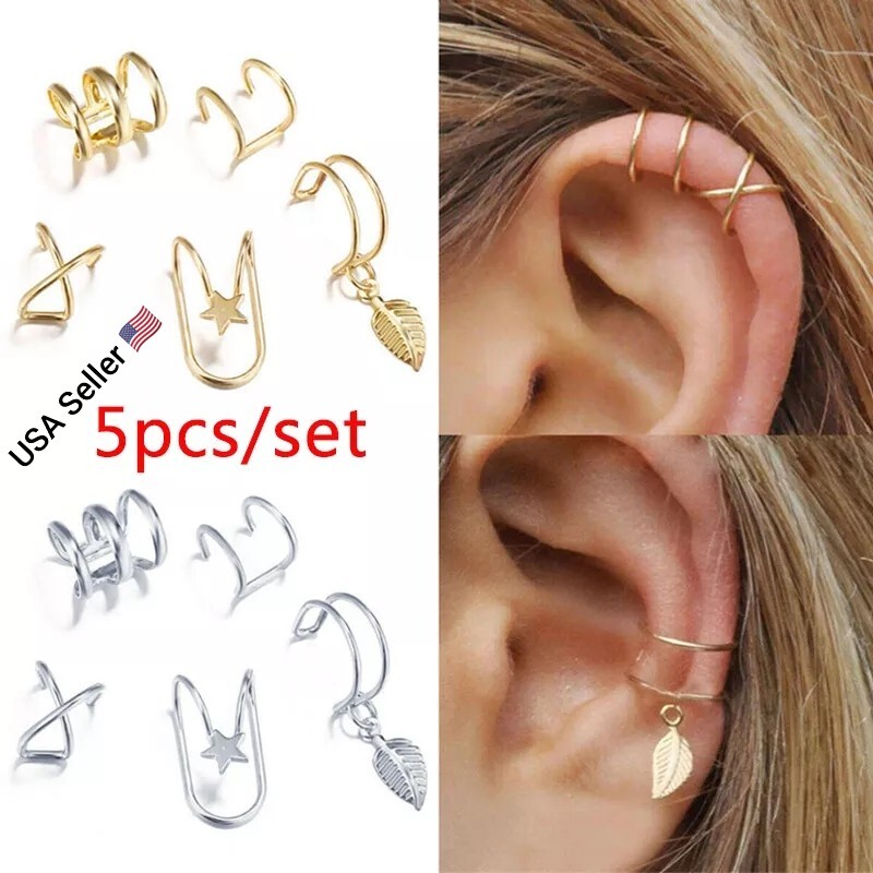 New 5pc Gold Silver Color Metal Ear Cuff Non-Piercing Ear Clips Earrings Jewelry
