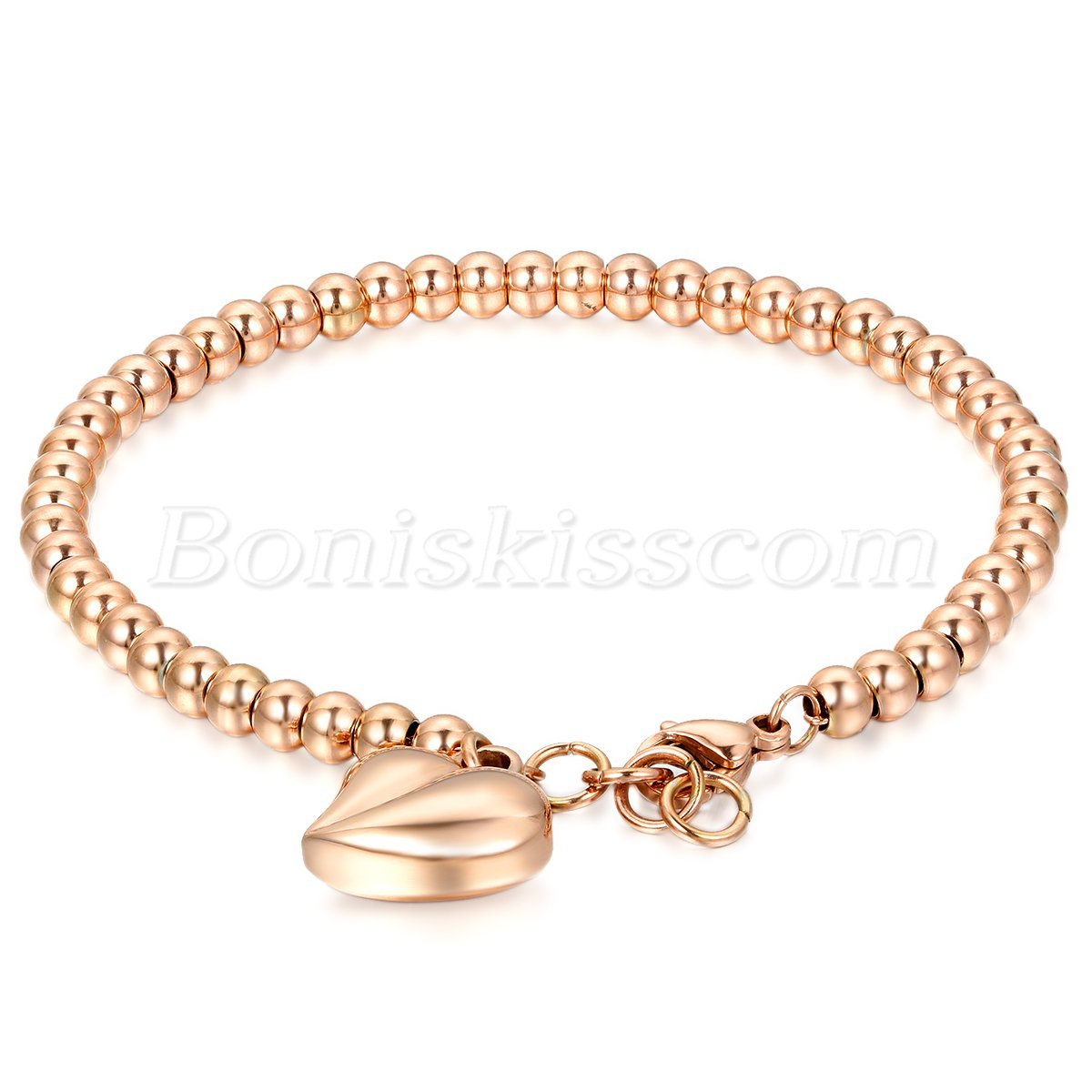 Women’s Ladies Stainless Steel Round Beaded Chain Charm Heart Dangle Bracelet