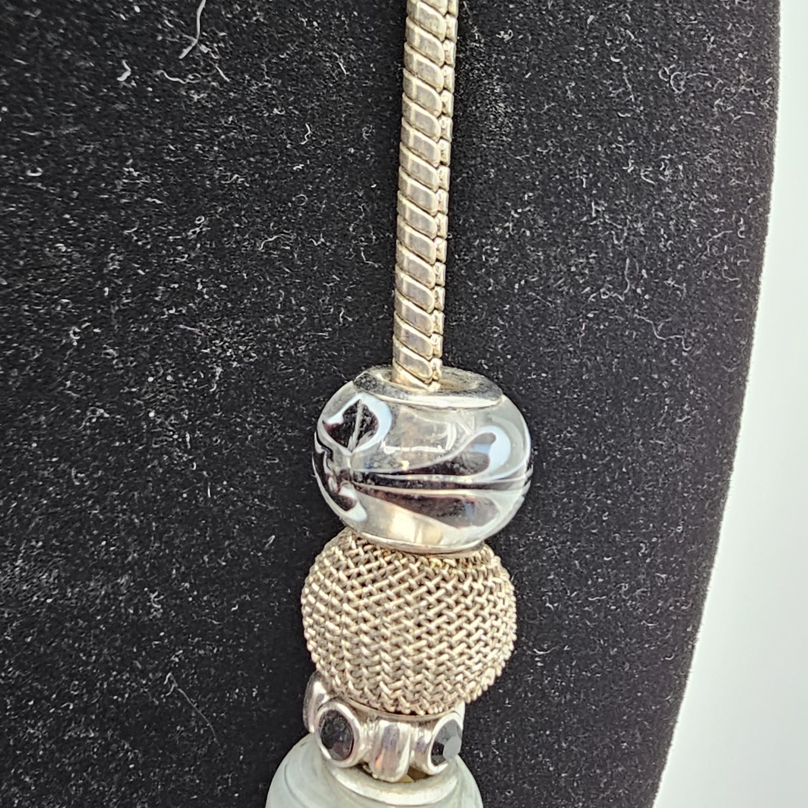 Silver Tone Snake Chain Necklace Mixed Beads Crescent Charm Boho Statement