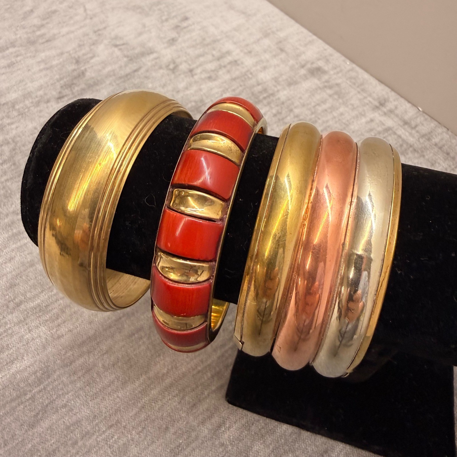 Vintage Solid Brass Wide Bangle Bracelet Ribbed Edge Gold Tone Domed Cuff 2.6in