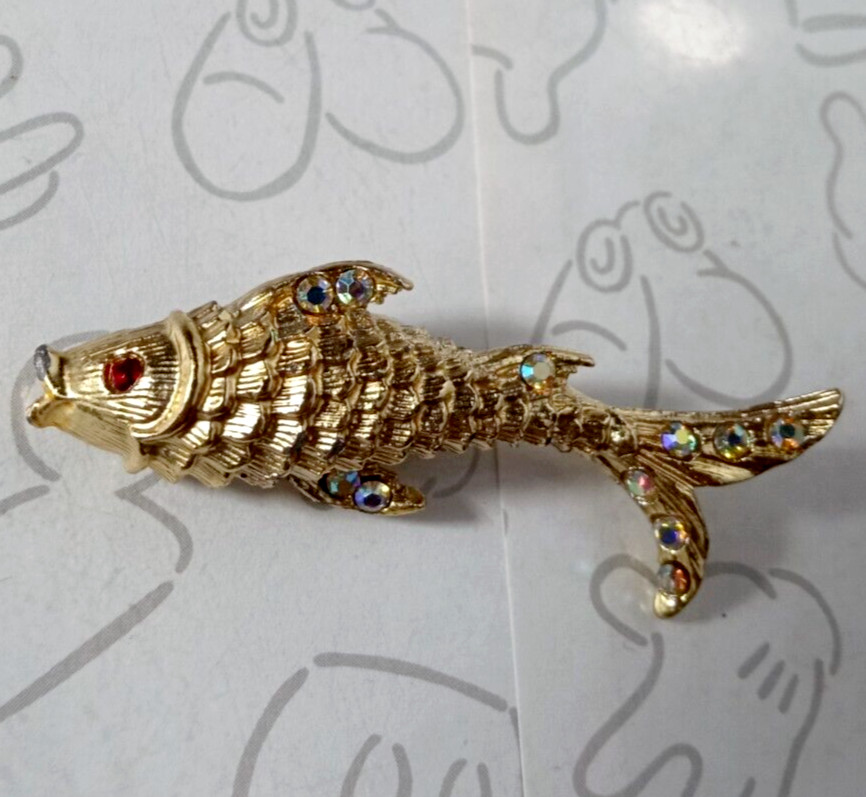 Carp Fish Brooch Aurora Borealis Rhinestone Gold Tone Pin Vintage Red Eye