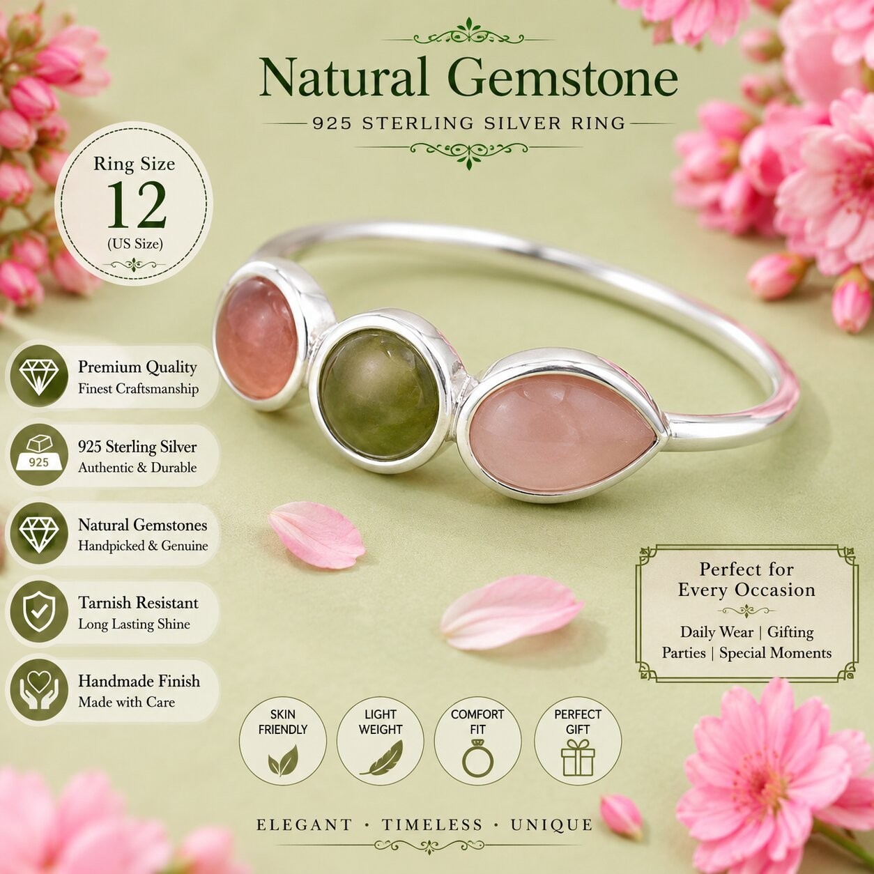 925 Sterling Silver Multi Gemstone Bezel Ring Handmade Three Stone Band Women