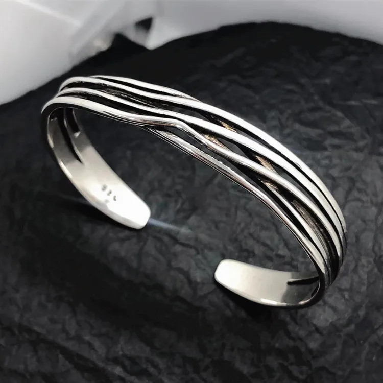 Retro Wave Bracelet 925 Sterling Silver Braided Bangle Geometric Opening Cuff