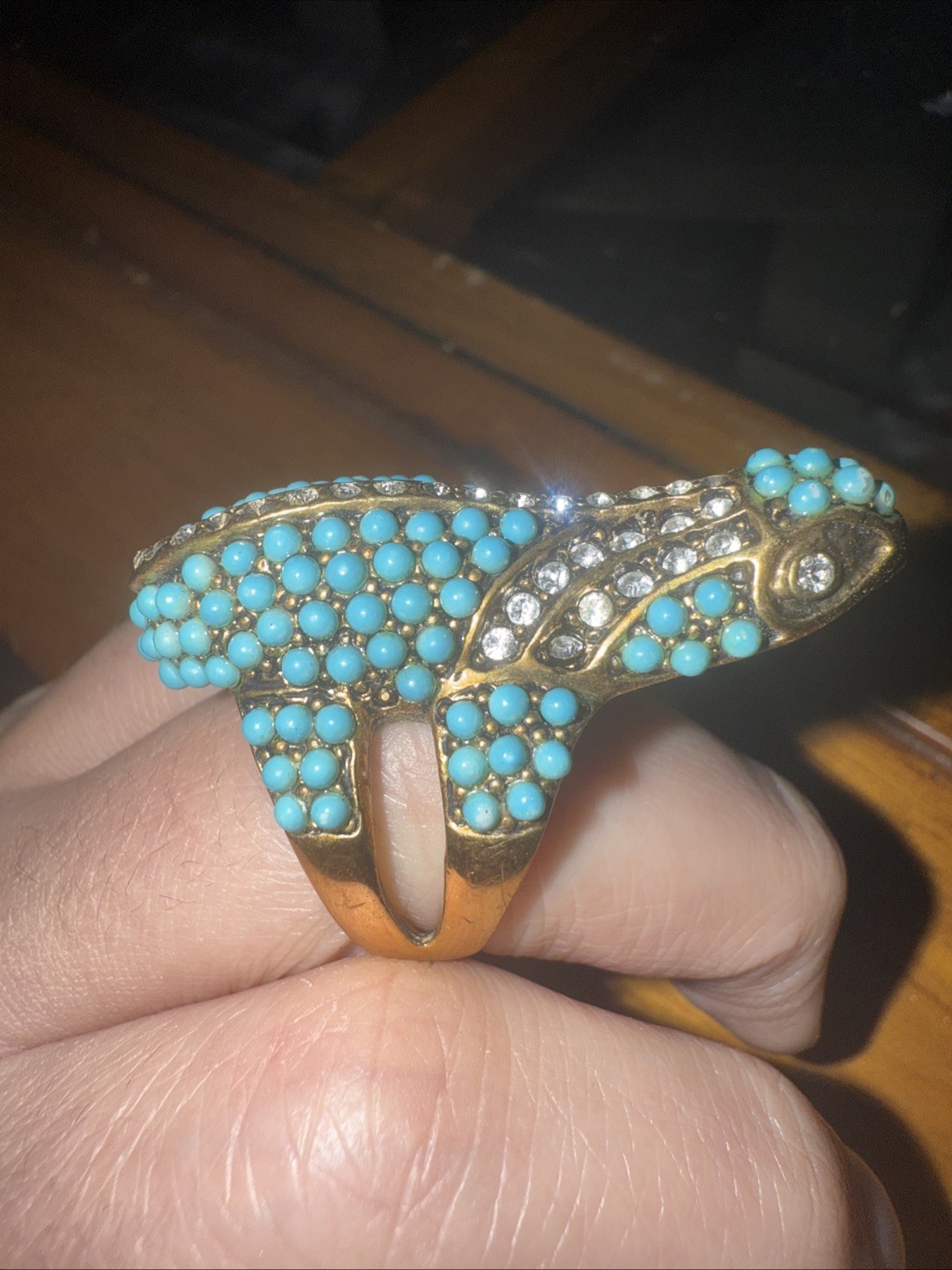 KENNETH JAY LANE Cocktail Ring Lizard Figural Faux-turquoise White Crystal