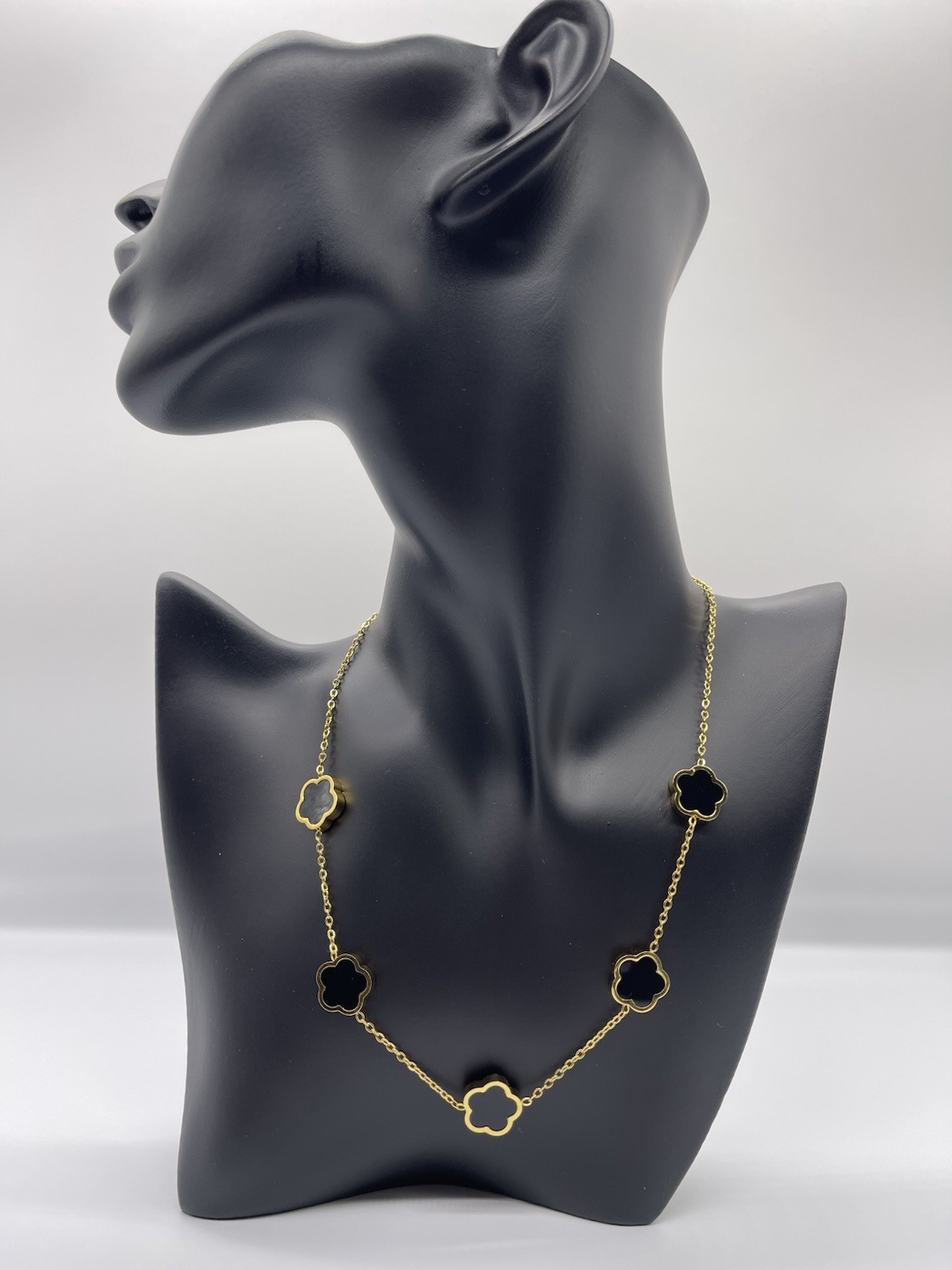 Double Sided Black/Golden Clover Necklace, 18k Gold Plated