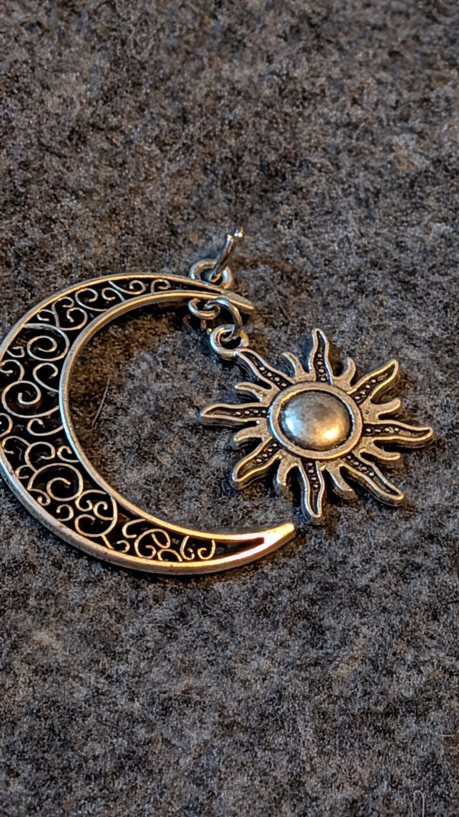 Silver Tone Crescent Moon & Sun Charm Pendant, Celestial Signs & Symbols