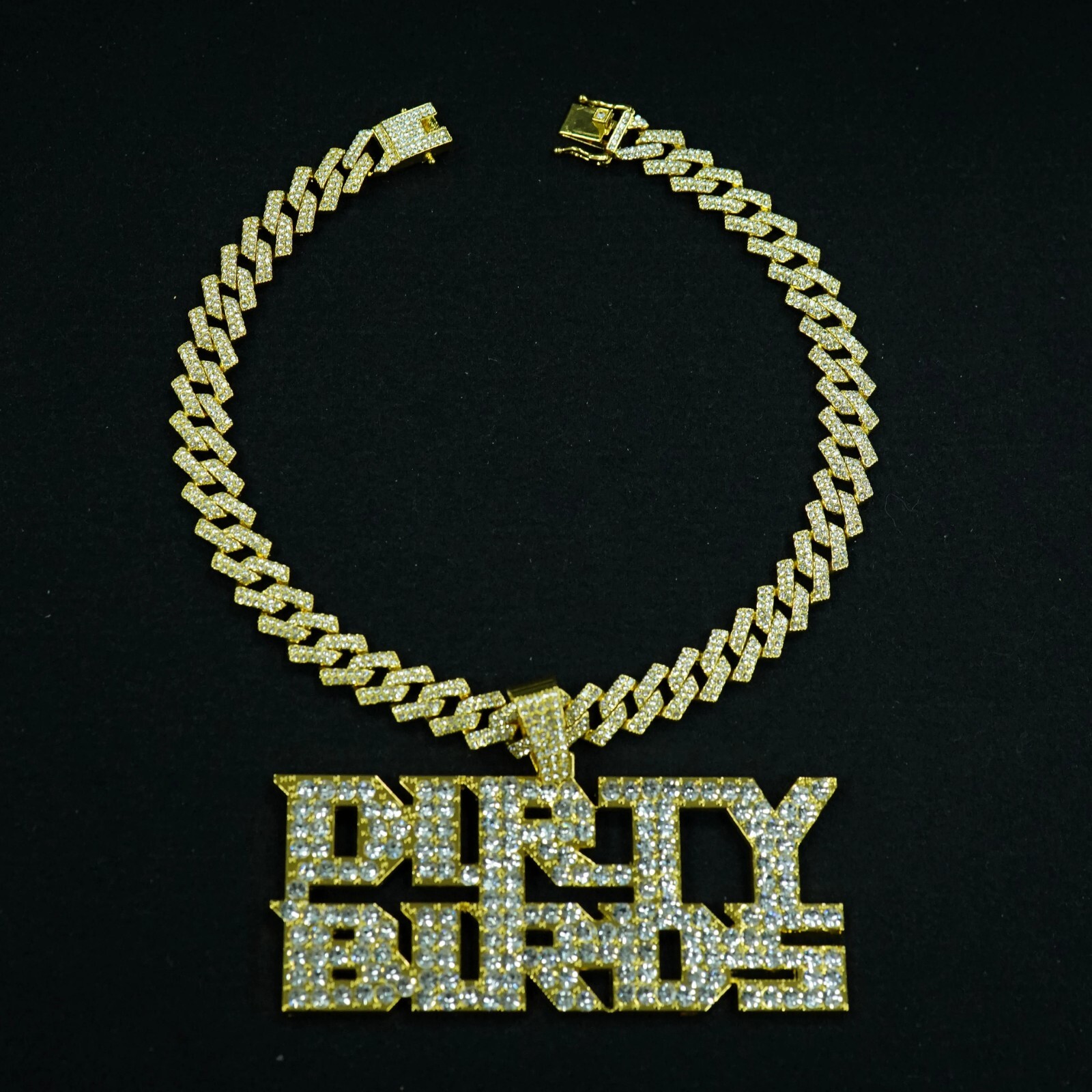 HipHop Iced DIRTY BIRDS Letter Pendant Necklace Crystal CZ Chain Fashion Jewelry