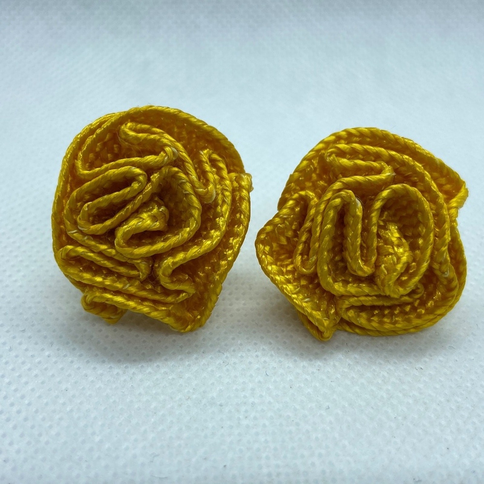 Mustard Yellow Fabric Flower Shaped Earrings Textured Handmade Costume Play