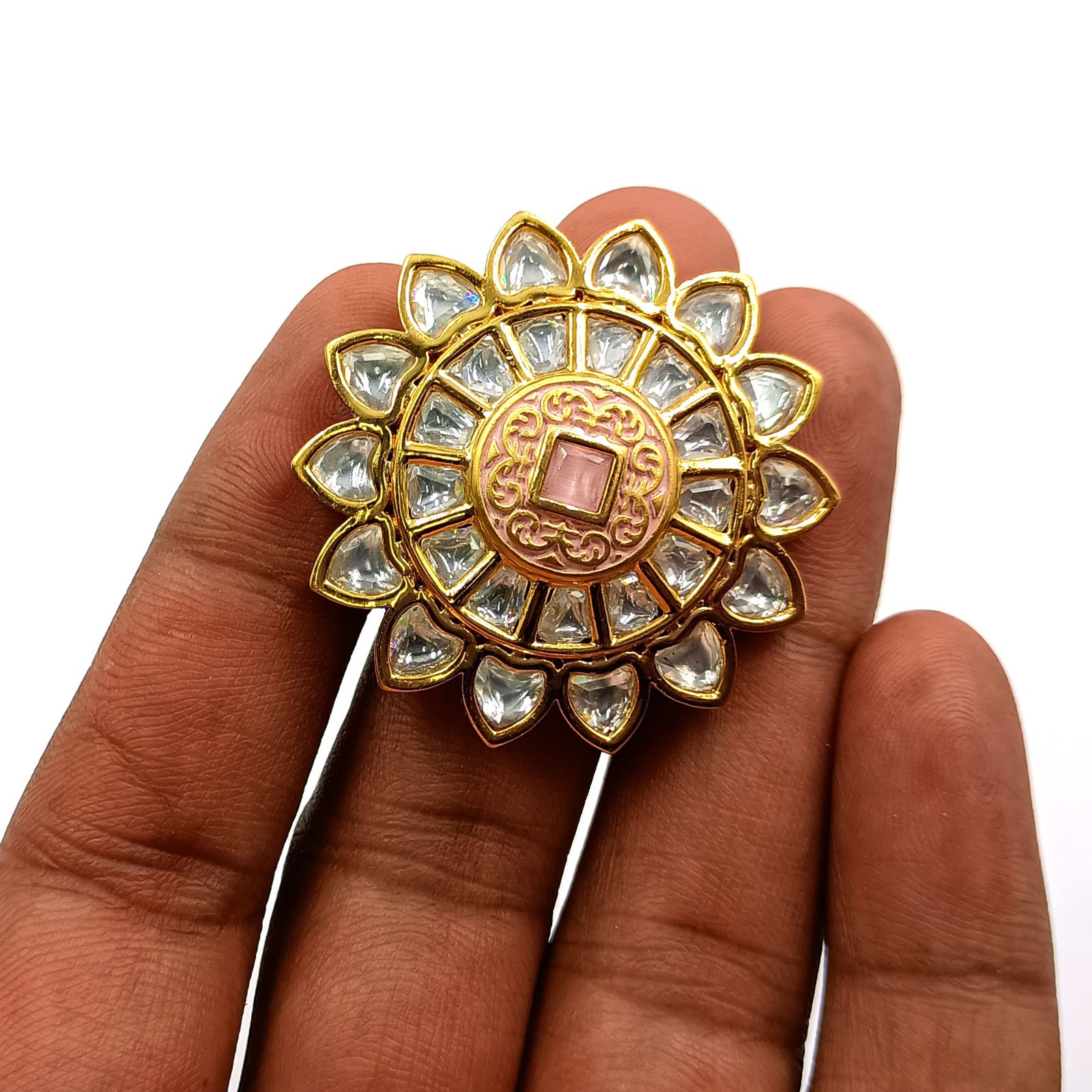 Kundan Polki CZ Ring 22k Gold Plated Adjustable Band Traditional Indian Jewelry