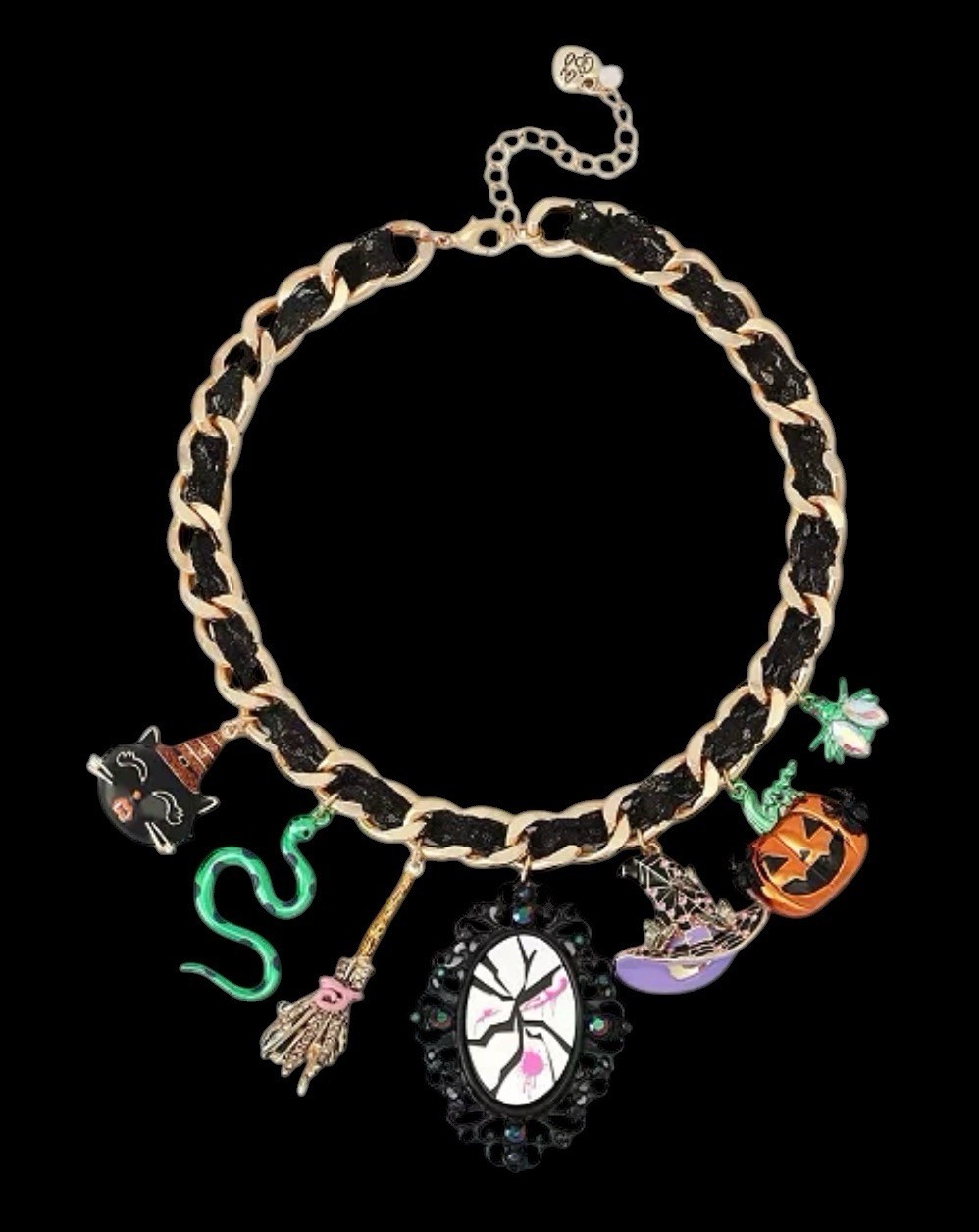Betsey Johnson Necklace Halloween Pumpkin, Mirror, Cat, Witch Broom ,snake Charm