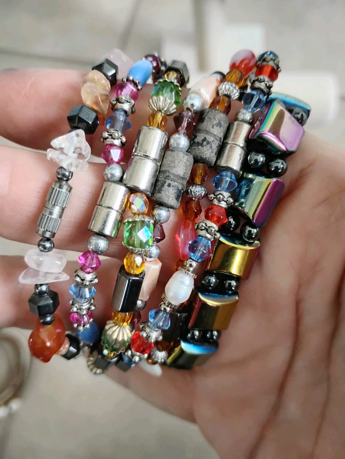 Lot Of 7 Hematite Stone Glass Plastic Beaded Stretch Vintage Bracelets Closures