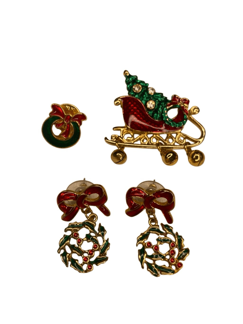 Christmas Sleigh Pin Wreath Pin and Holly Wreath Dangle Earrings Festive Jewelry