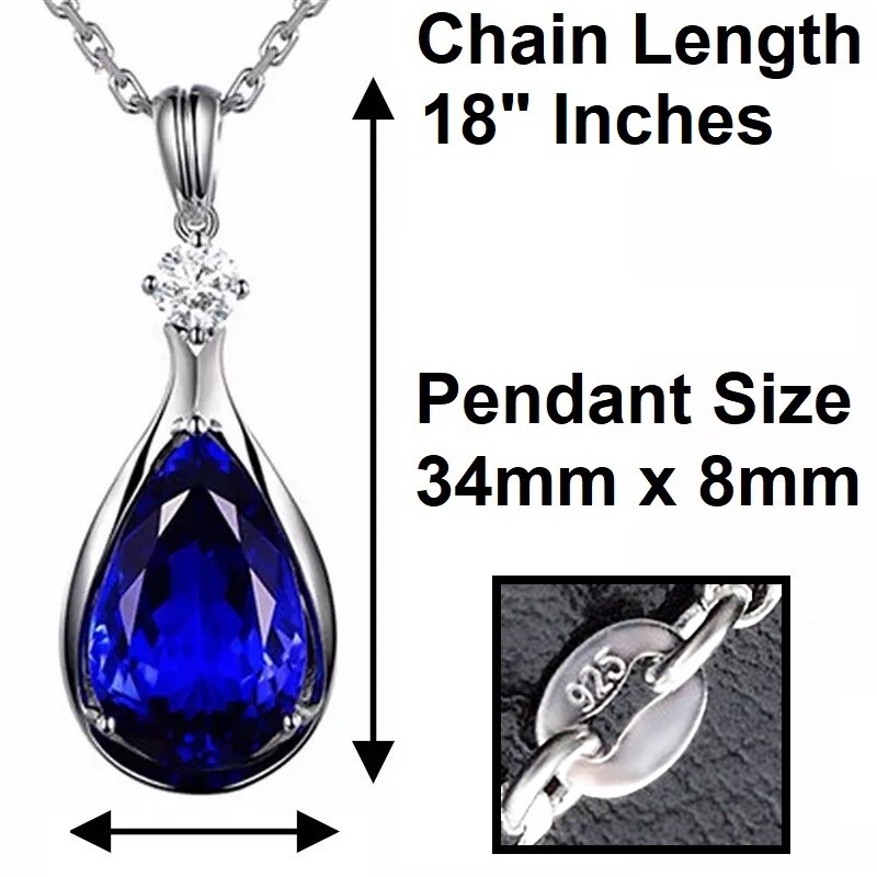925 Sterling Silver Tanzanite Gemstone And CZ Sapphre Pendant Necklace D355