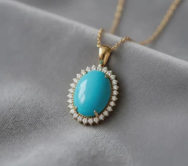 Oval Cut Simulated Blue Turquoise Women’s Halo Pendant 14K Yellow Gold Plated