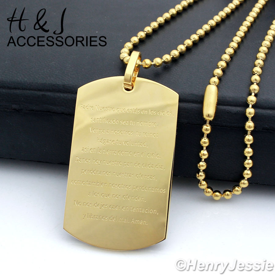 20-30″MEN Stainless Steel Gold Plated Beads Chain Spanish Bible Verse Pendant*82