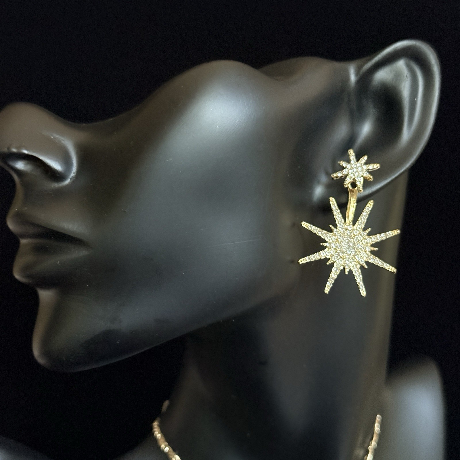 EyeCandy Crystal Detail North Star Statement Earrings Goldtone Pave Faceted 1.5”