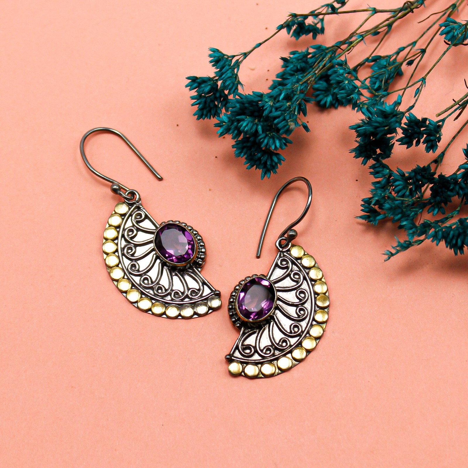 African Amethyst Gemstone Earrings 925 Silver Handmade Oxidized Jewelry 1.95″