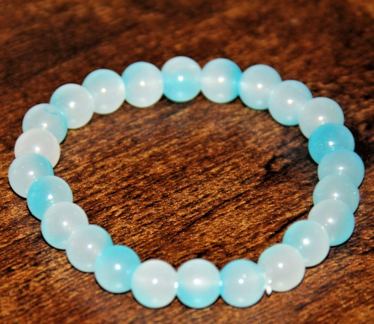 Milky White & Light Blue Round Glass Bead Stretch Bracelet Womens Gift New