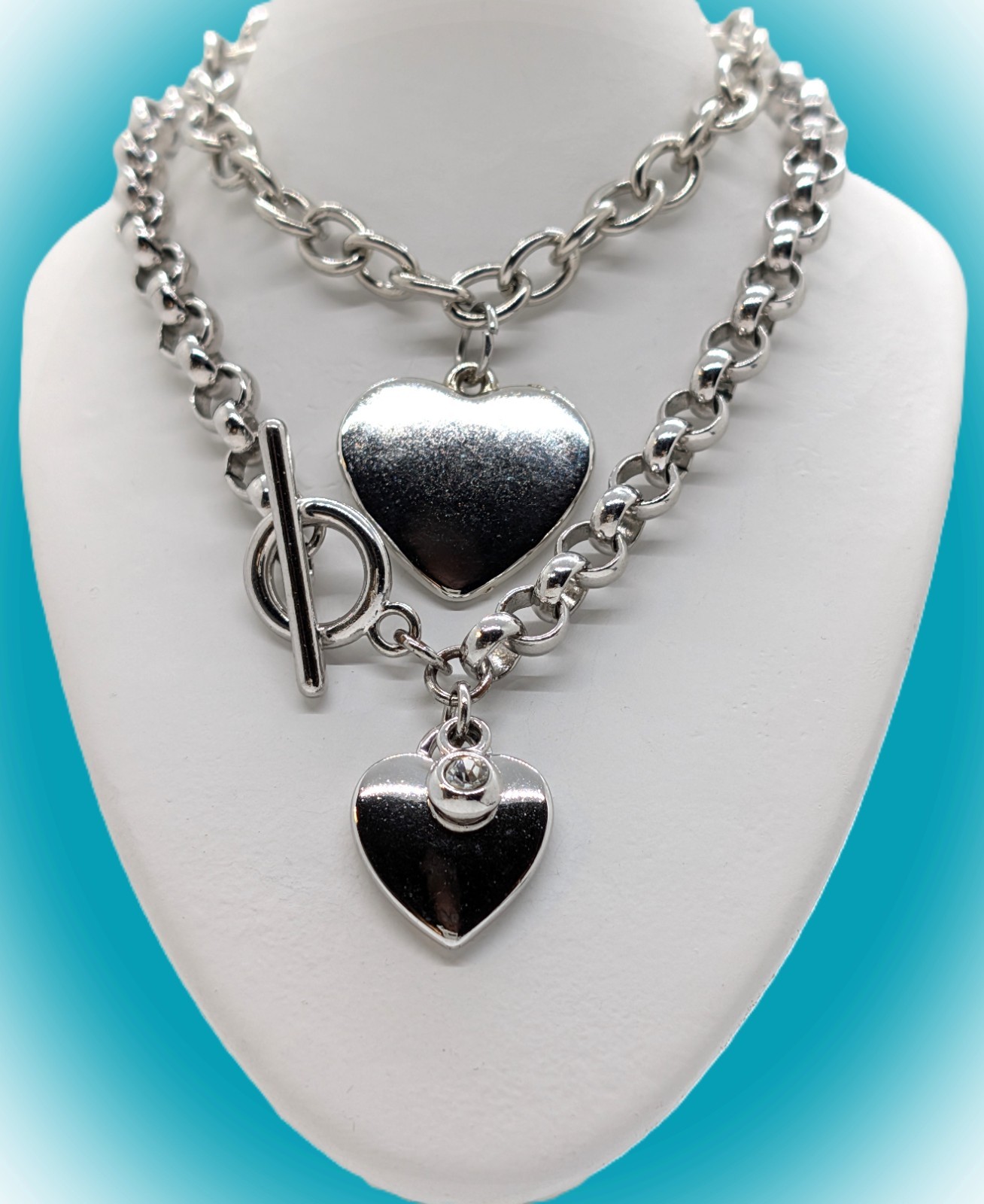Silver Tone Rolo & Cable Links Chain Heart Charm Toggle Necklace & Bracelet