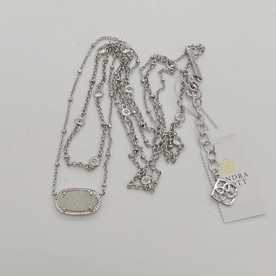 Kendra Scott Elisa Silver Crystal Multi Strand Pendant Necklace Iridescent Drusy