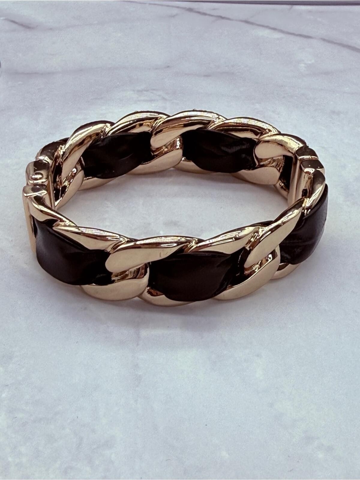 Gold-Tone Bangle Bracelet with Leather and Crystal Accents