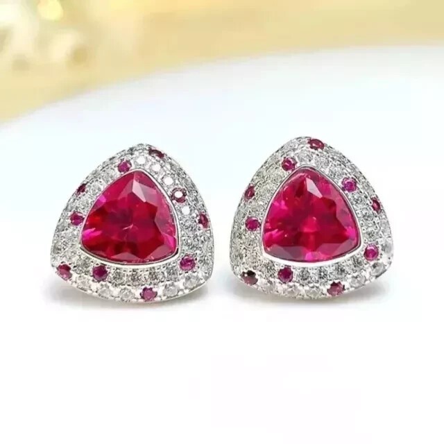 Trillion Cut Simulated Pink Ruby Women’s Stud Earrings In 14k White Gold Plated
