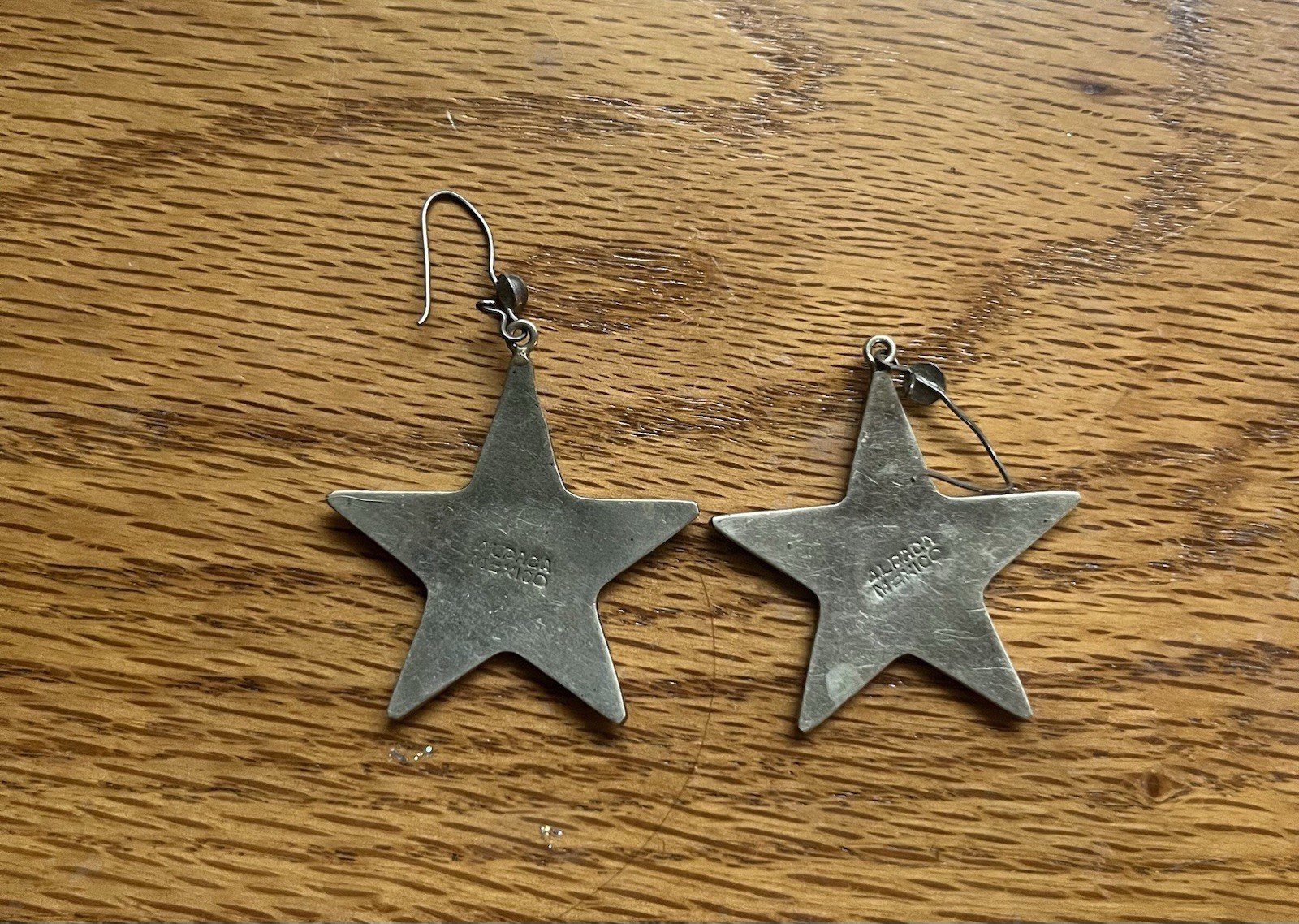 Silver Star Dangle Drop Hook Earrings Abalone Shell Iridescent Inlay