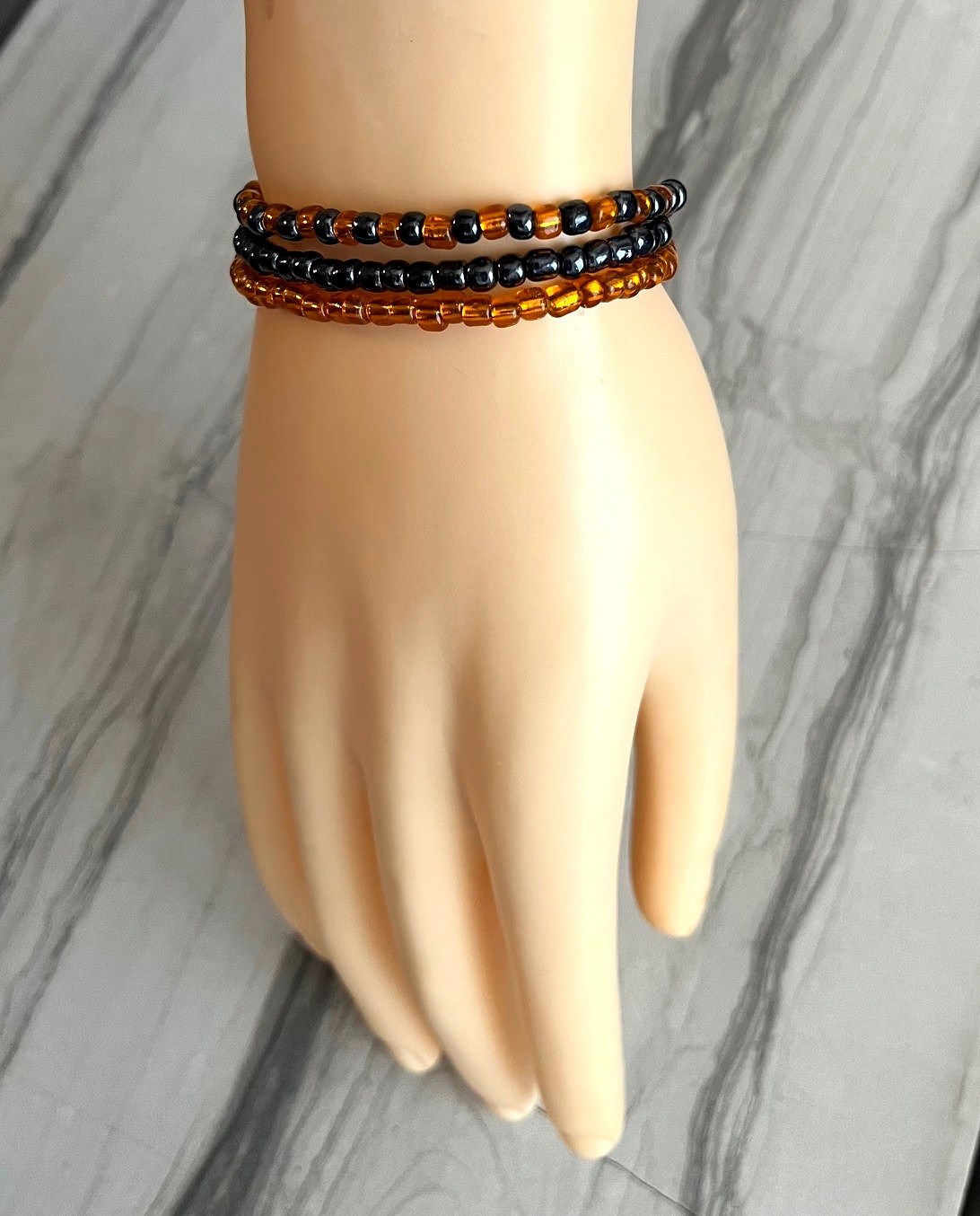 Halloween Fall Shiny Glass Seed Bead Stretch Bracelet Set of 3 Orange Black