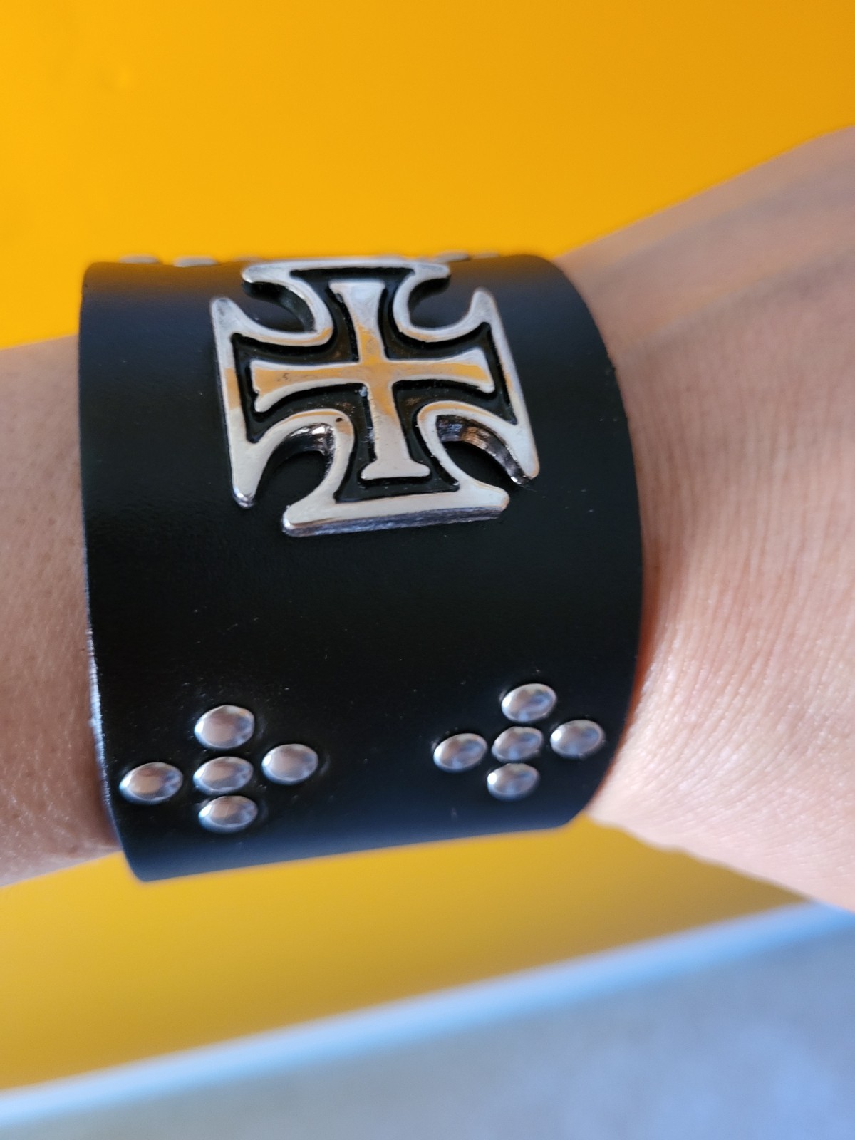 Black leather Bracelet with metal studs Iron Cross emblem Punk Rock Biker