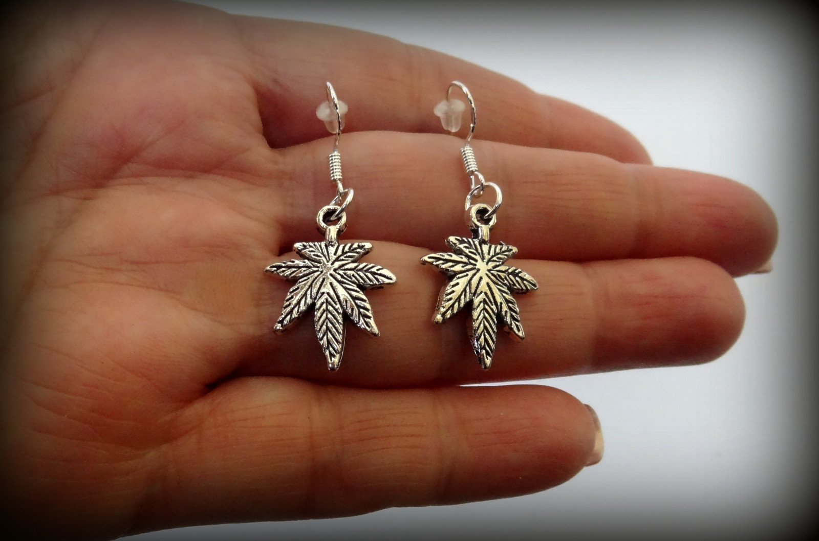 MARIJUANA POT LEAF CANNABIS WEED DANGLE CHARM SILVER EARRINGS~.925 STERLING HOOK