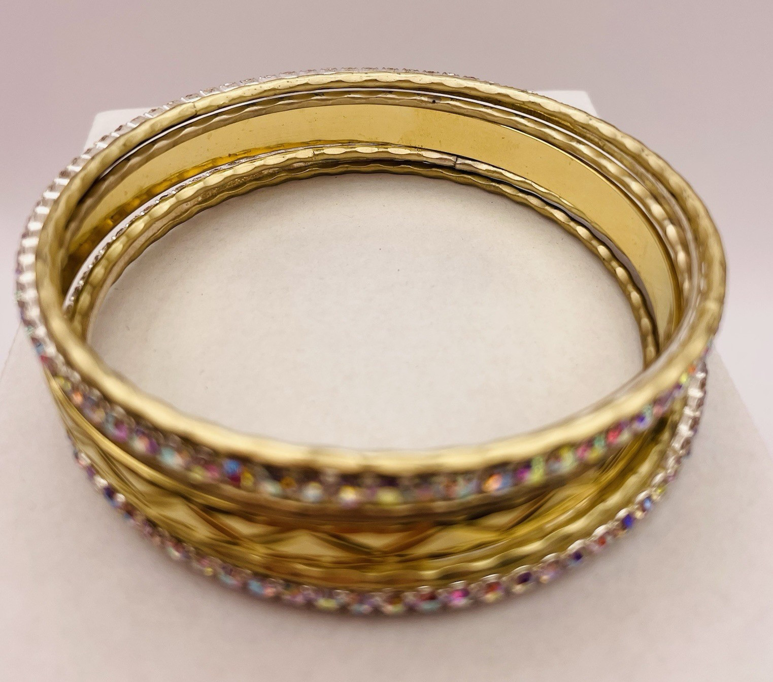 Gold And Silver Tone 7 Stackable Bangle Bracelets AB Rhinestones Engraved