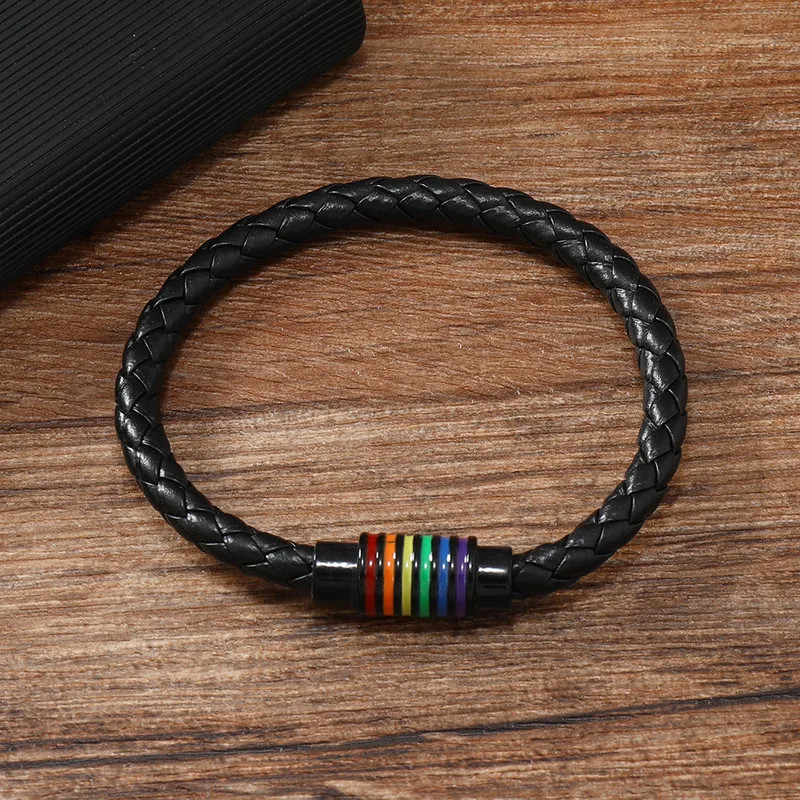 Rainbow Gay Lesbian Pride Black Stainless Steel Black Leather Bracelet