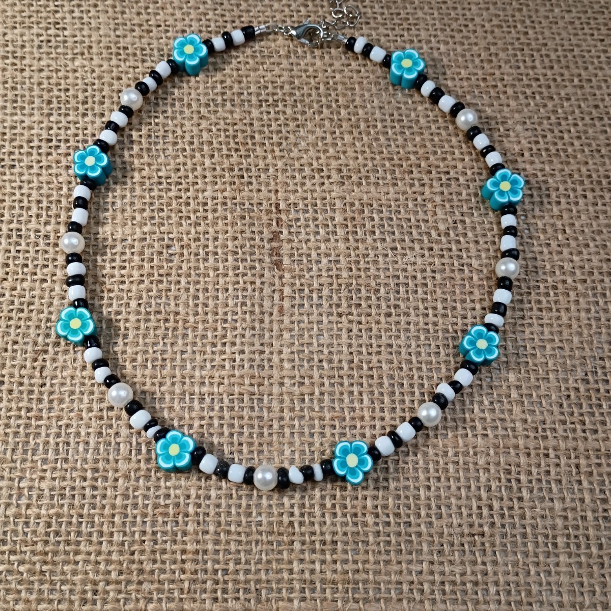 New Boho Seed Bead Choker Necklace w/ Faux Pearls and Clay Flowers 15 in