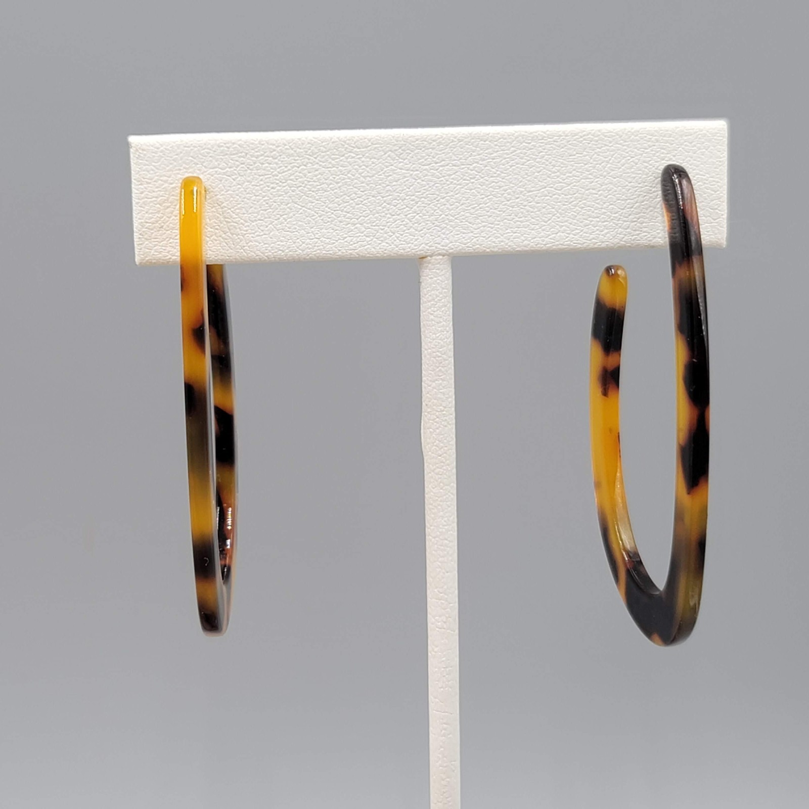 Acrylic Faux Tortoise Shell Hoops Pierced Earrings Oval Long 2 1/8 in
