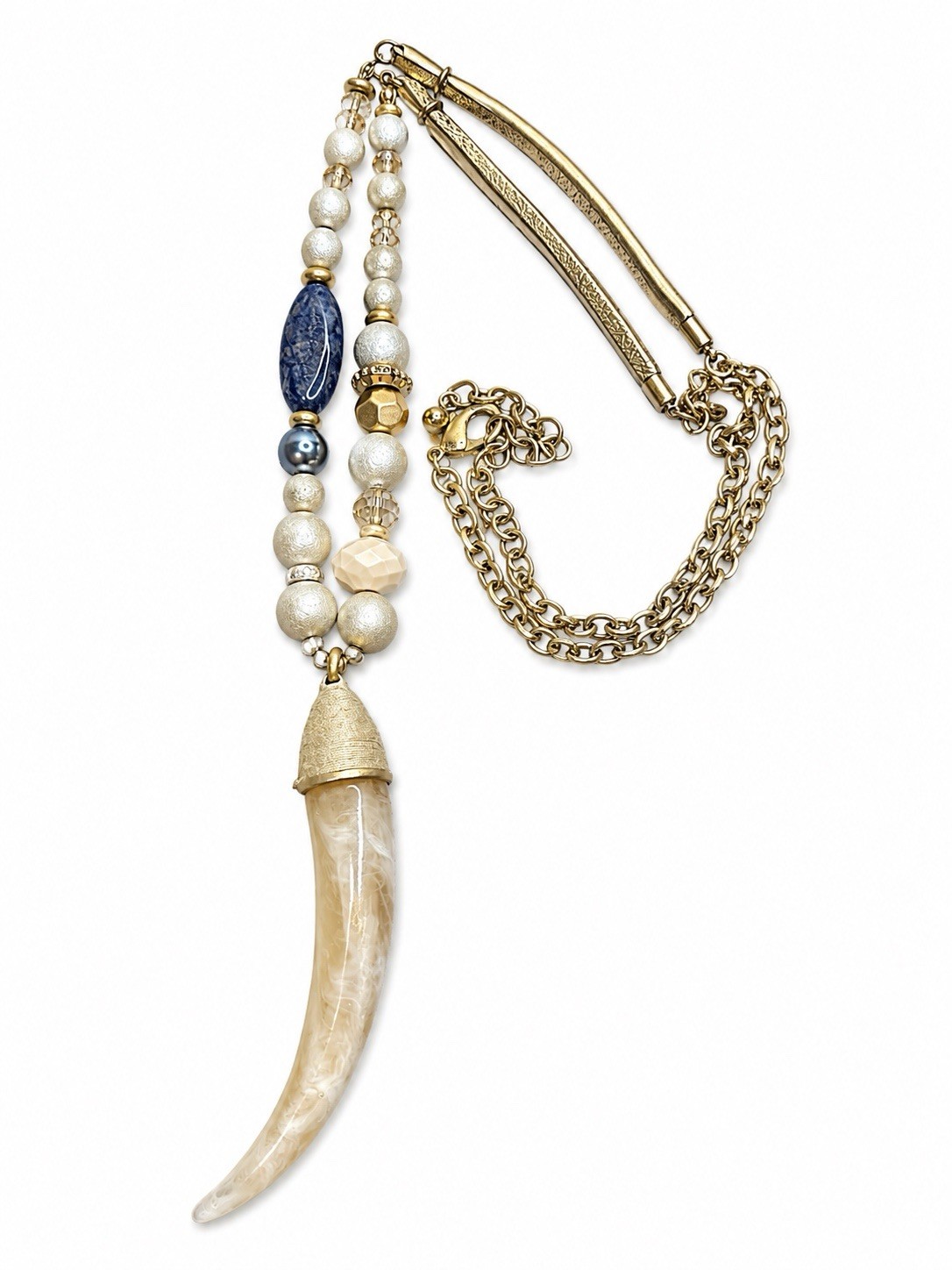 Chico’s Horn Pendant Statement Necklace Gold Tone Beaded Blue Ivory Adjustable