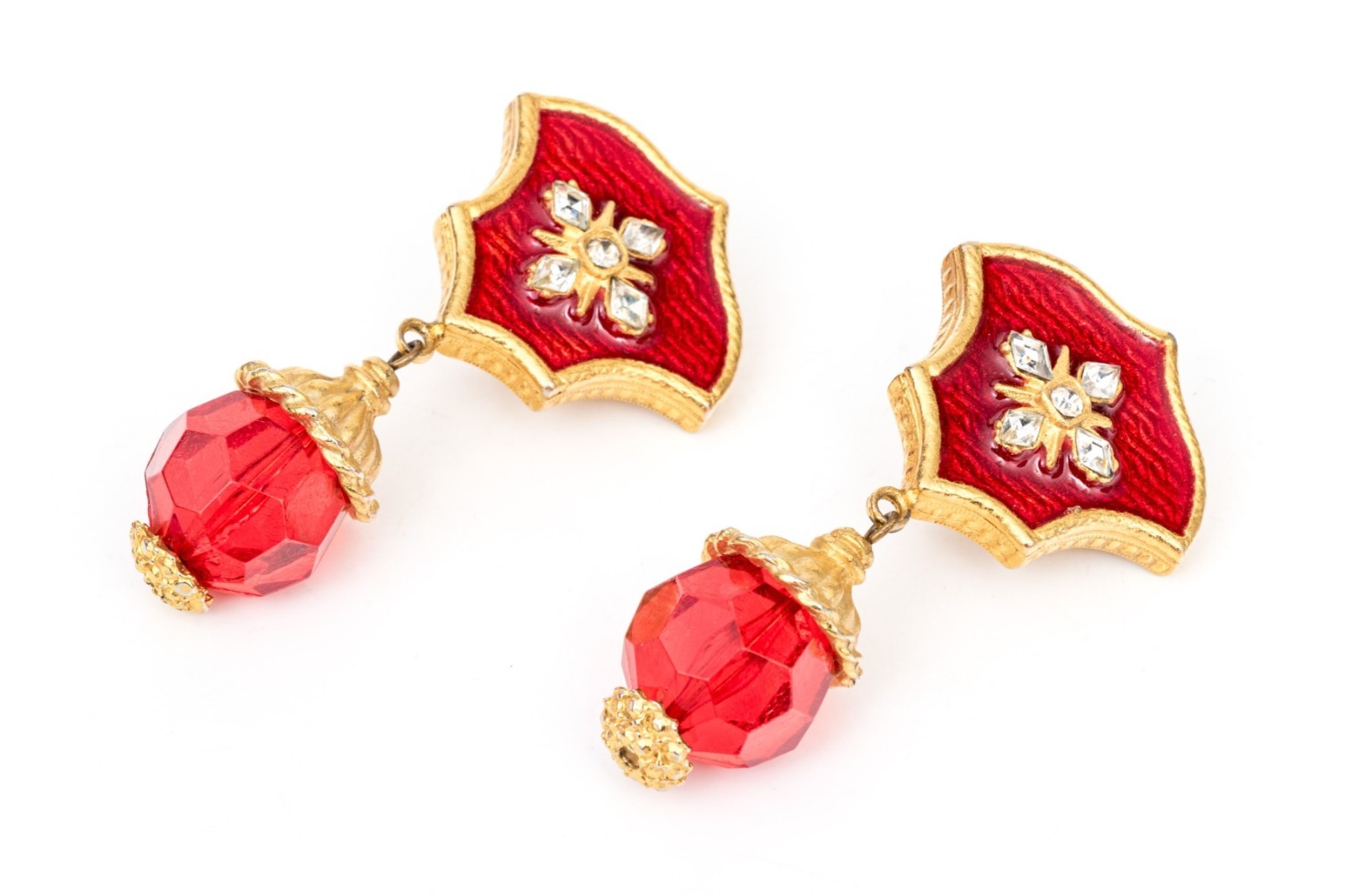 Vintage Yosca Red Glass Bead Necklace & Earring Set, Rhinestone Enamel Statement