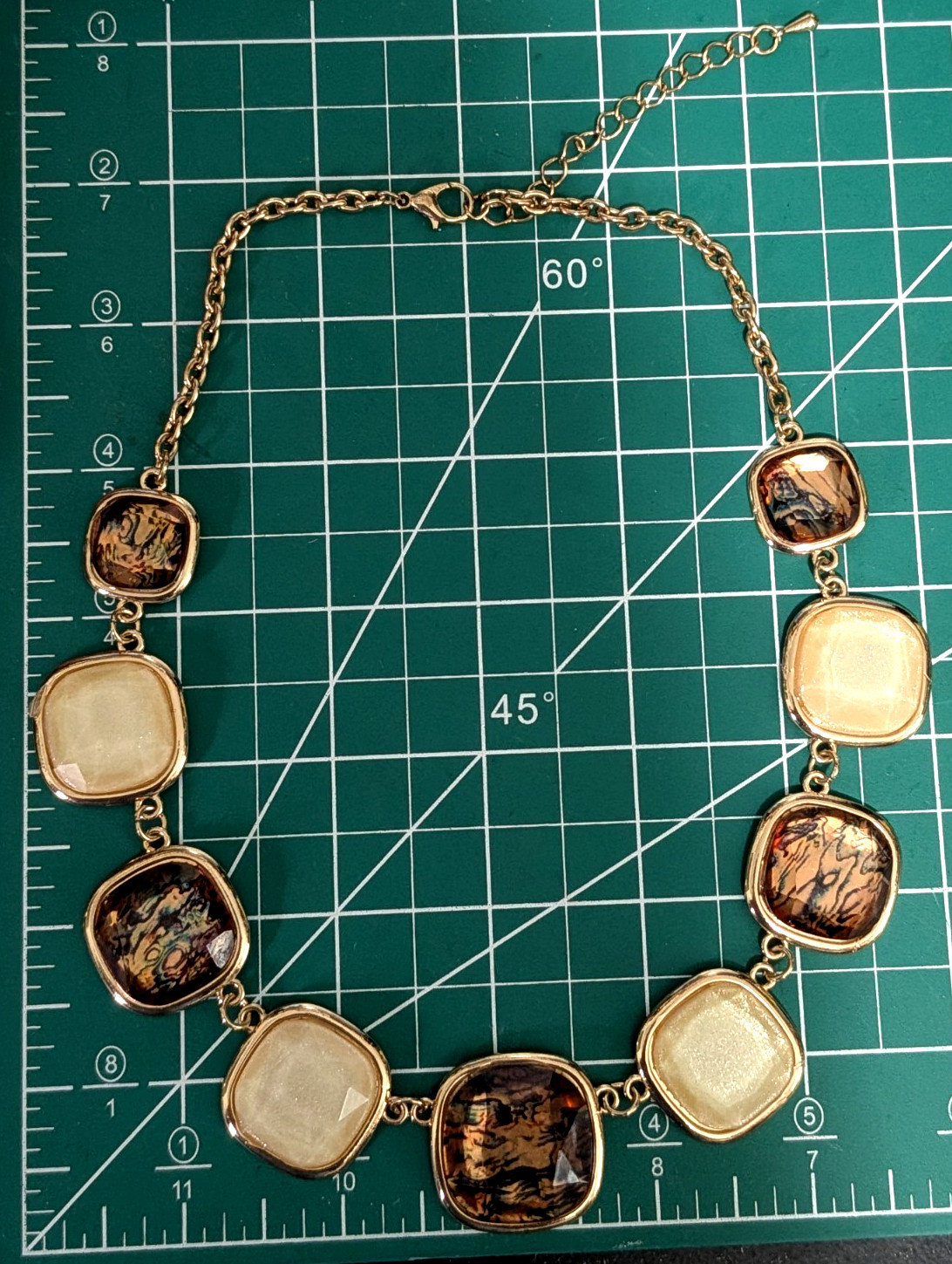 Gold Tone Statement Necklace with Brown & Cream Faceted Square Stones Adjustable