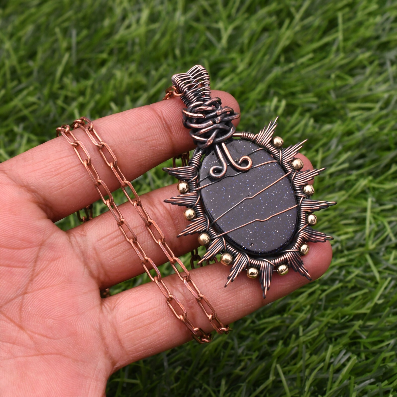 Blue Sun Stone Gemstone Copper Wire Wrap Handmade Jewelry Pendant 2.28″